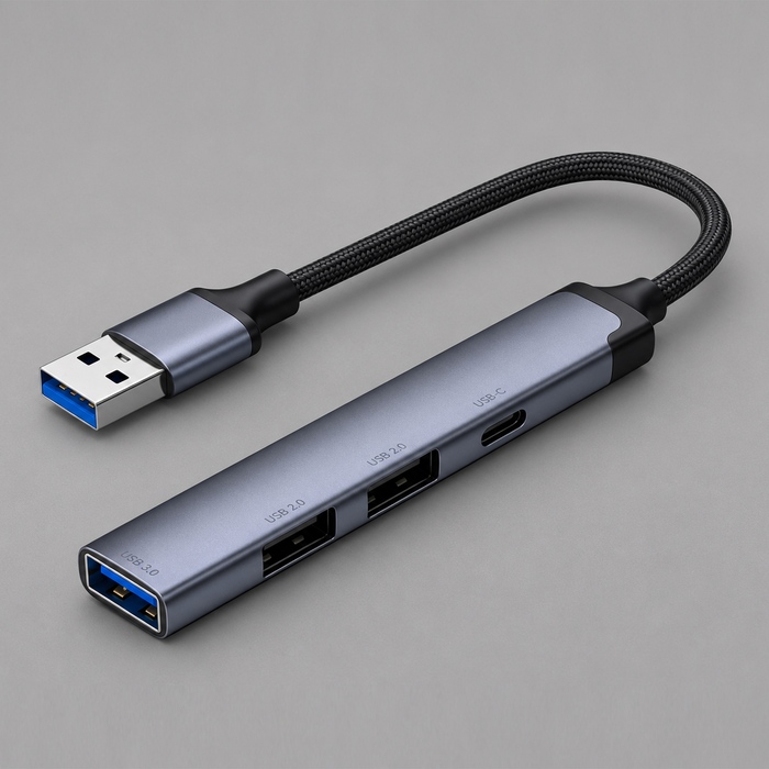 USB-хаб USB-A 3.0 + 2xUSB-A 2.0 + USB-C, серый, Deppa